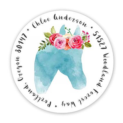 Watercolor Horse with Roses Round Address Label