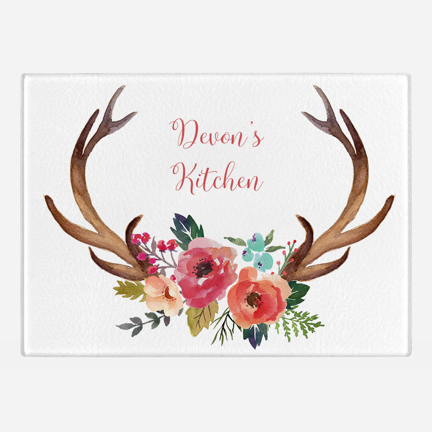 Boho floral antlers Glass Cutting Board