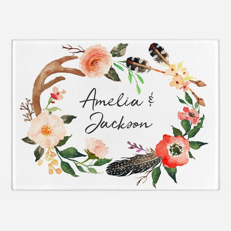 Boho floral antler feathers Wreath Glass Cutting Board