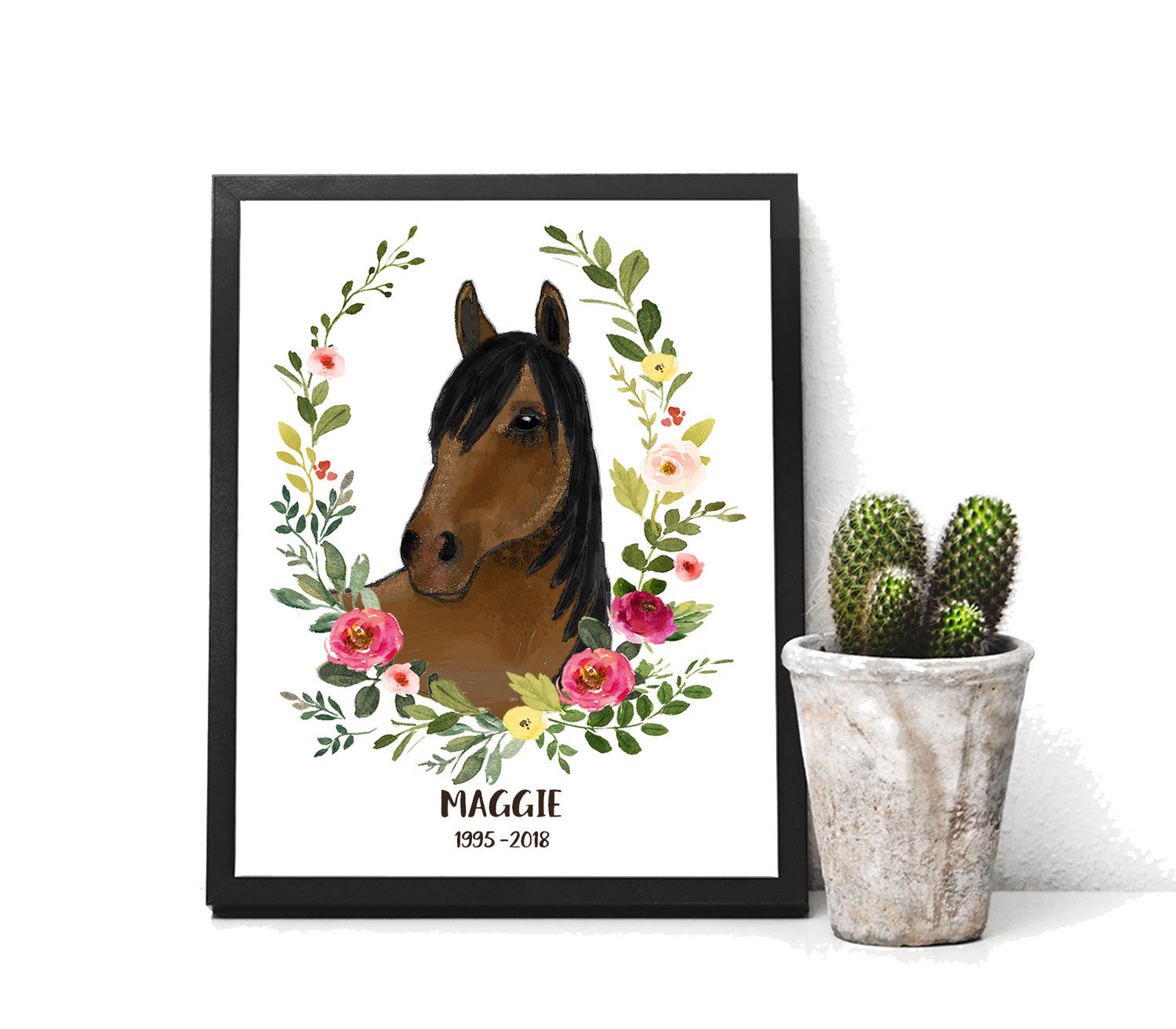 Personalized Horse Gift Print of Watercolor Horse with Spring floral wreath Memorial