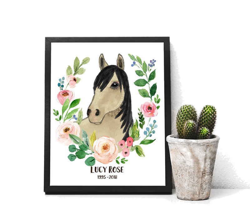 Personalized Horse Gift Print of Watercolor Horse with Roses wreath Memorial