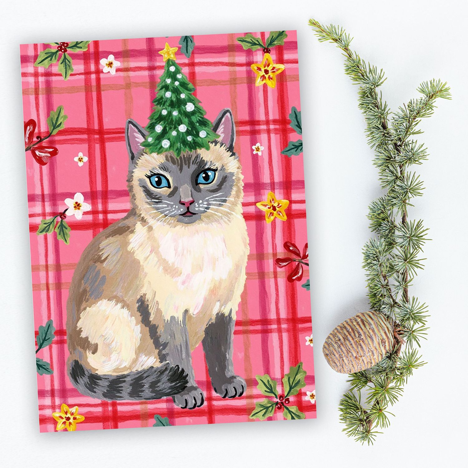 Cat with Christmas tree hat Holiday Christmas Card