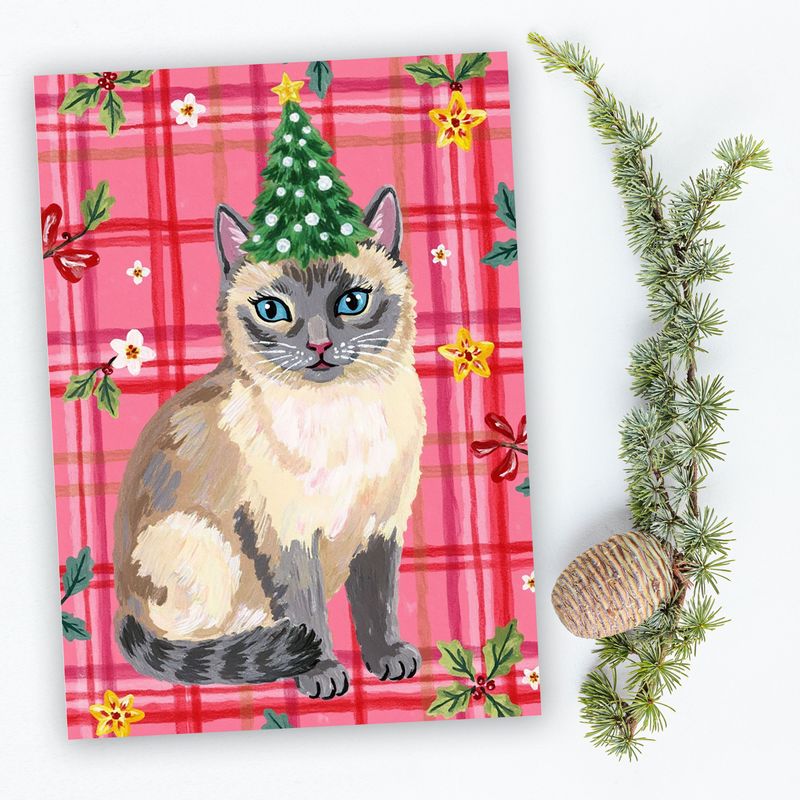 Cat with Christmas tree hat Holiday Christmas Card