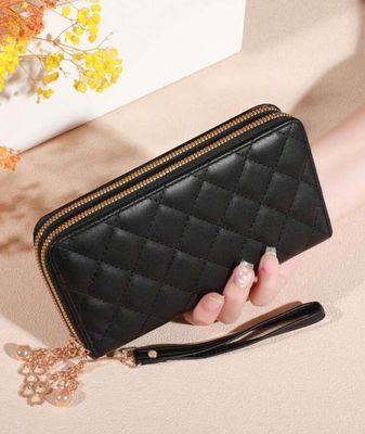 Classic Clutch Wallet With Zipper Large Capacity Clutch Wallet With 8 Slots And Multiple Compartments Elegant Handheld Clutch Checkered Embroidered Wallet