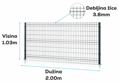 3D panel zeleni - RAL 6005 ▪ Visina: 1,03m ▪ Dužina: 2m ▪ Prečnik žice Ø 3.8mm