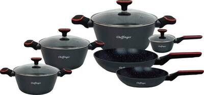 Pannenset Cheffinger CF-FA2010 10-delig  zwart met rood