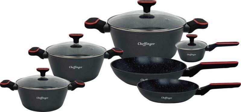 Pannenset Cheffinger CF-FA2010 10-delig  zwart met rood