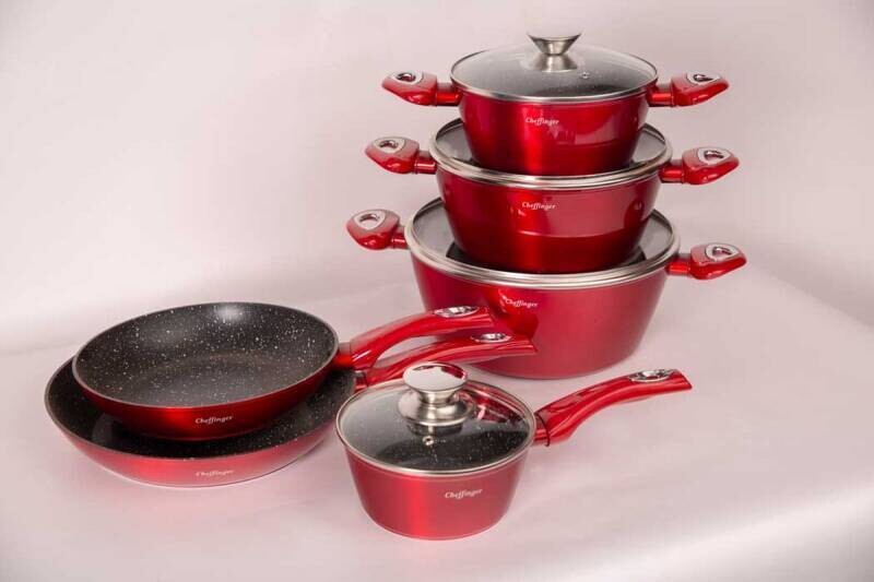 Pannenset Cheffinger CF-FA1010 rood-zilver-zwart