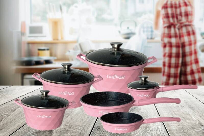 Pannenset Cheffinger CD-DIAC12 10-delig diamant roze/zwart