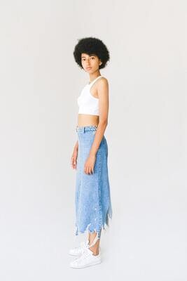 EXEMPLE. Jupe longue en denim bleu
