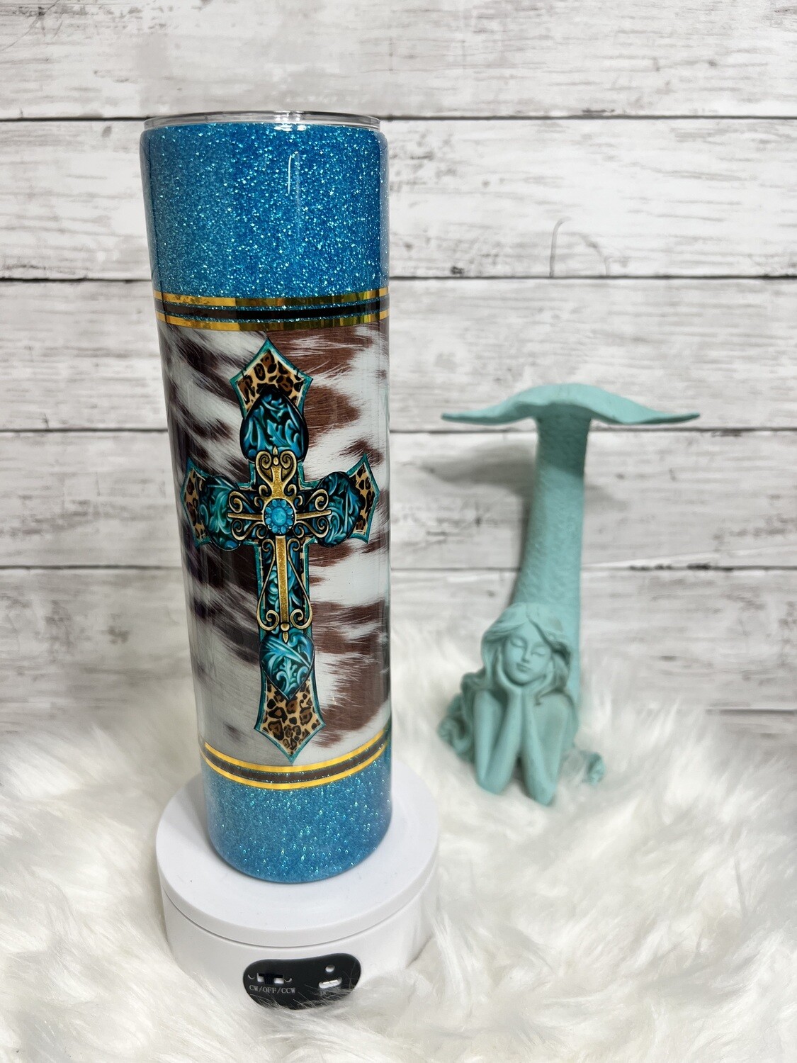 32oz Turquoise Cowhide with Cross Tumbler