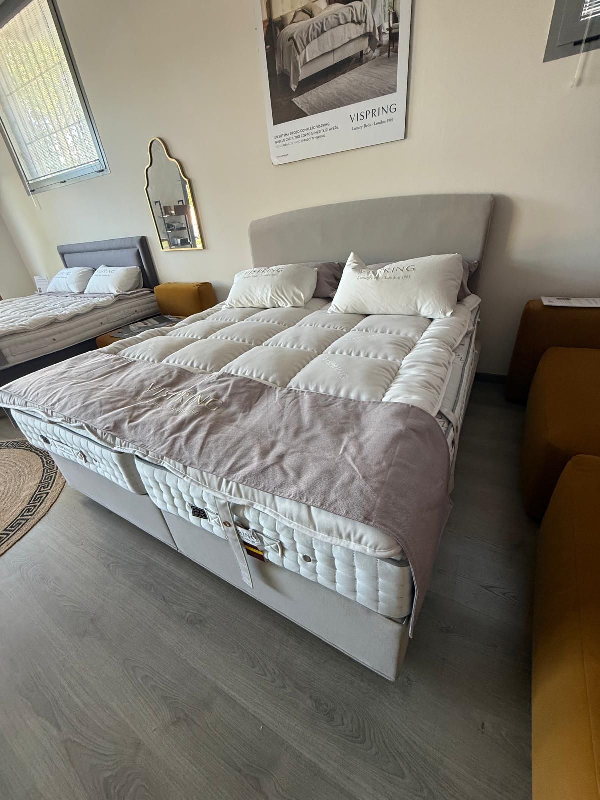 Set completo Vispring: 2 Materassi Matrimoniali Regal (Medium e Firm), Sommier Prestige, Testata Elba, Topper Opulence 180x200 cm