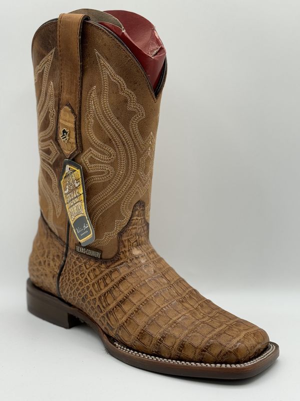Caiman Belly Camel Square Toe Rubber Sole