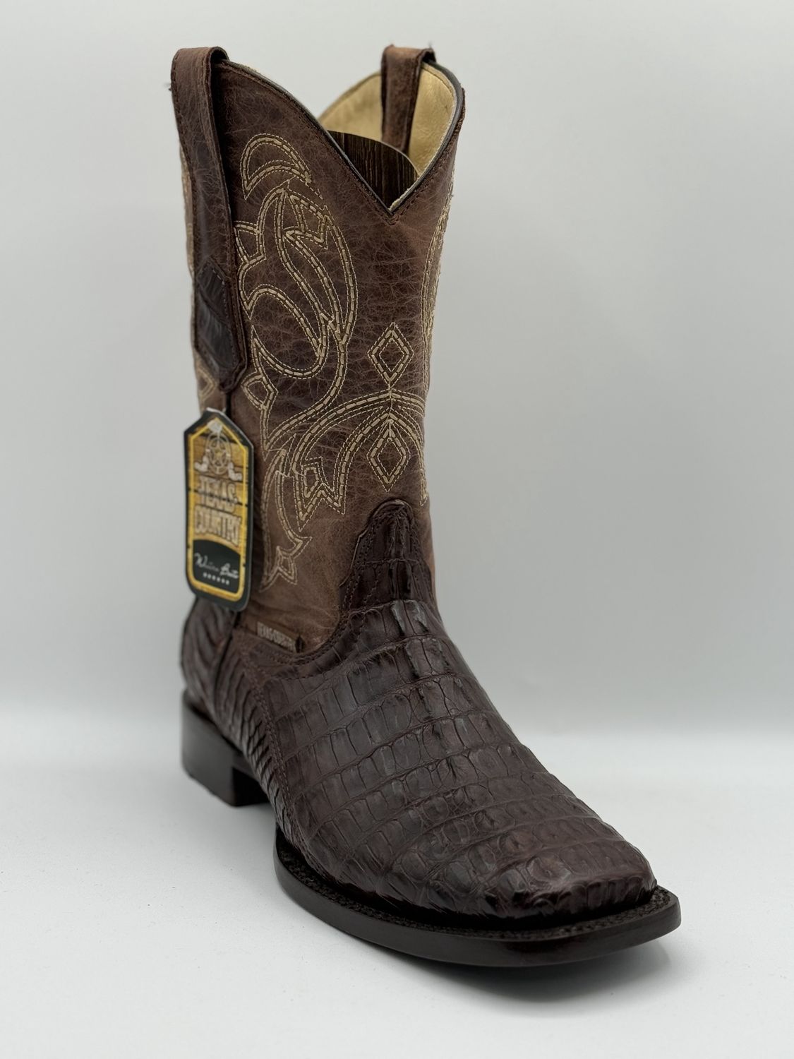 Caiman Hornback Tail Dark Brown Square Toe