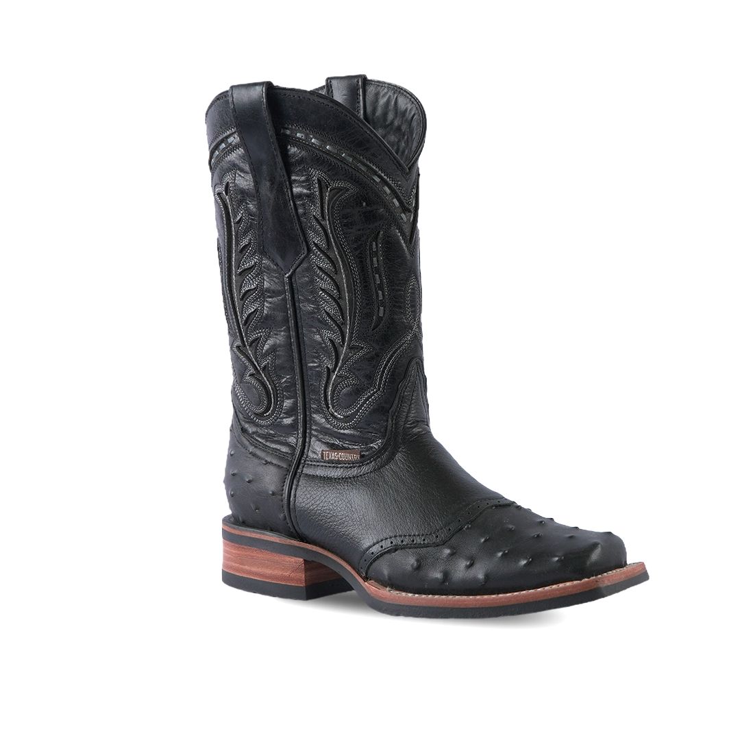 Men&#39;s Boot Ostrich Print Barcelona Black Rodeo Toe E408