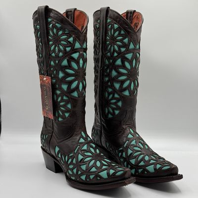 Women&#39;s Boot Cowboy Pro Turquesa Flower Retro E1312