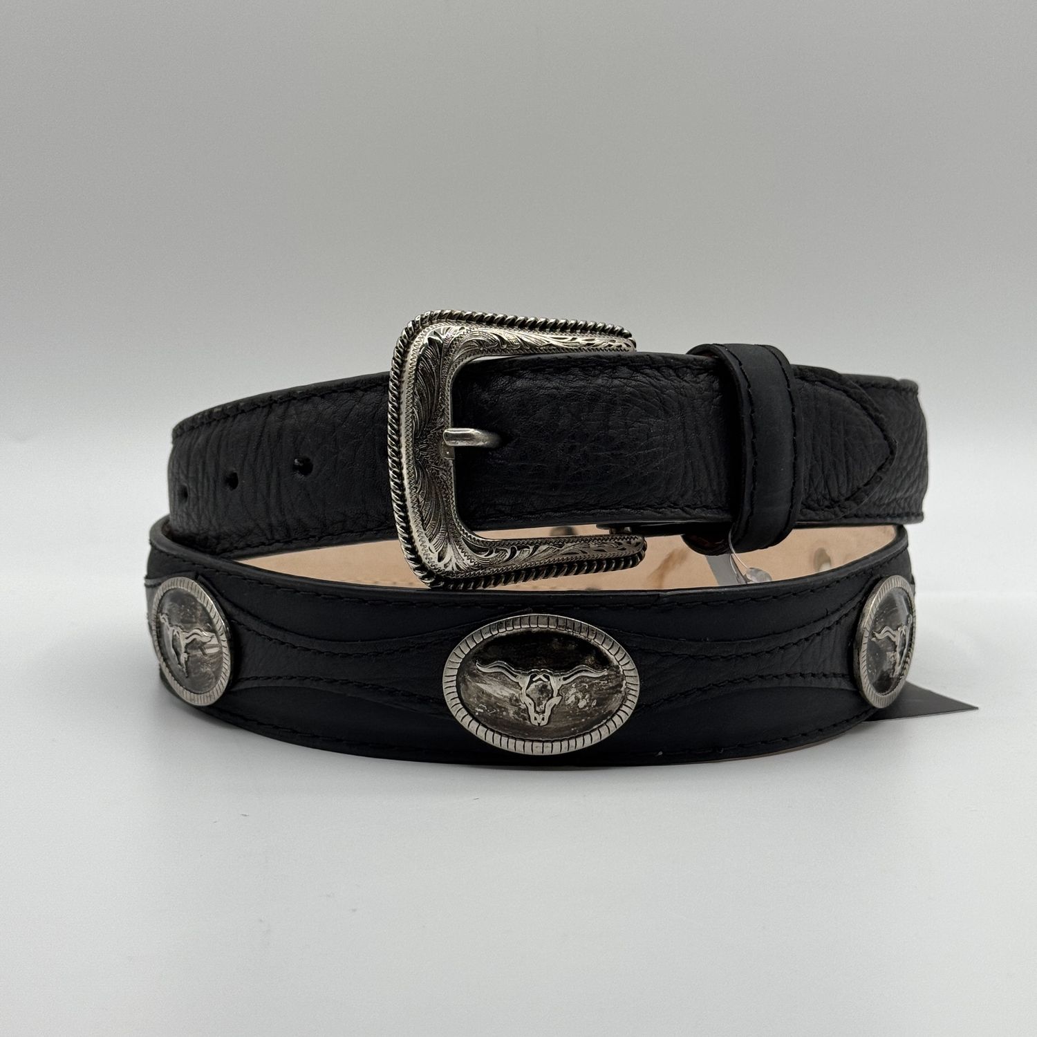 Men&#39;s Messicano Belt Black Bull Buckle With Horn E1330