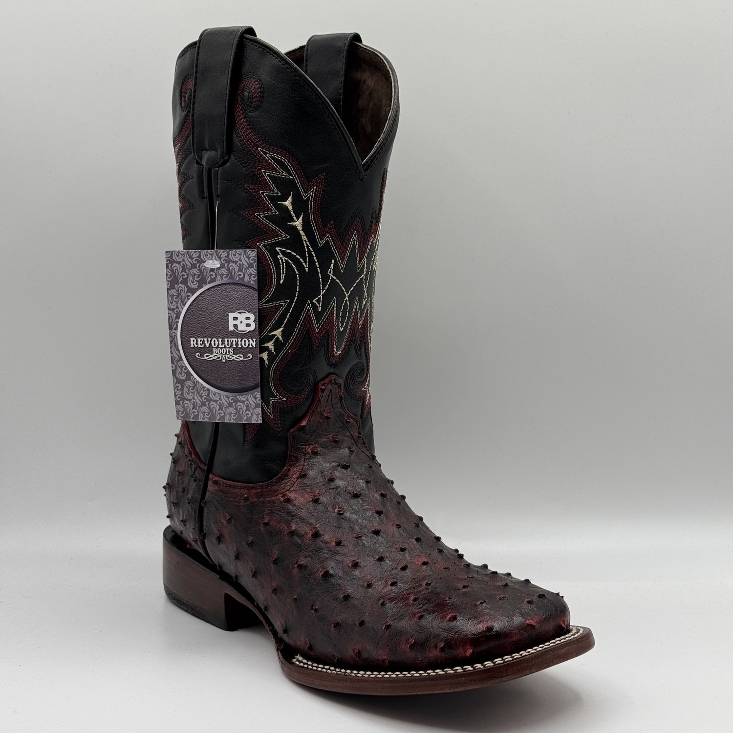 Men&#39;s Boot&#39;s Avestruz Print Black Cherry Square Toe E1720