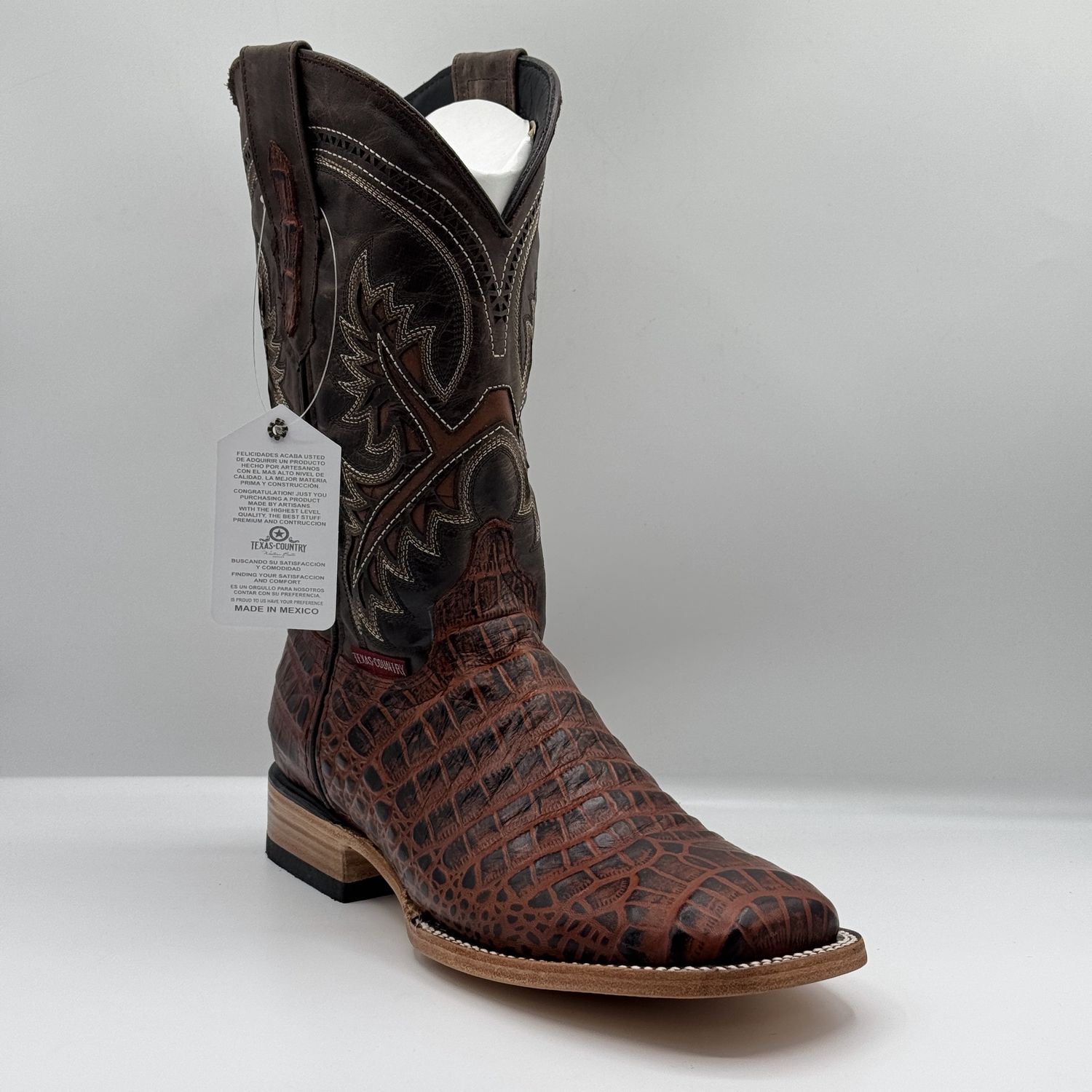Men&#39;s Boot Caiman Belly Square Toe Leather Sole E642, Modelo: Cognac, SIZE: 7