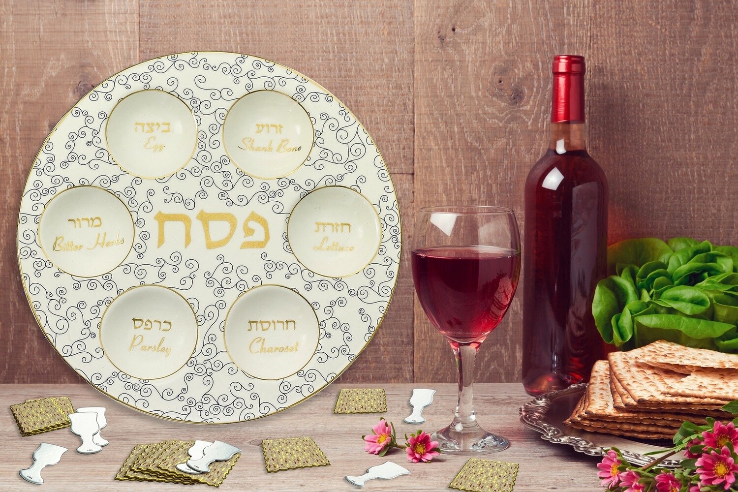 Seder Plate White with Blue Curlicues &amp; Gold Accents