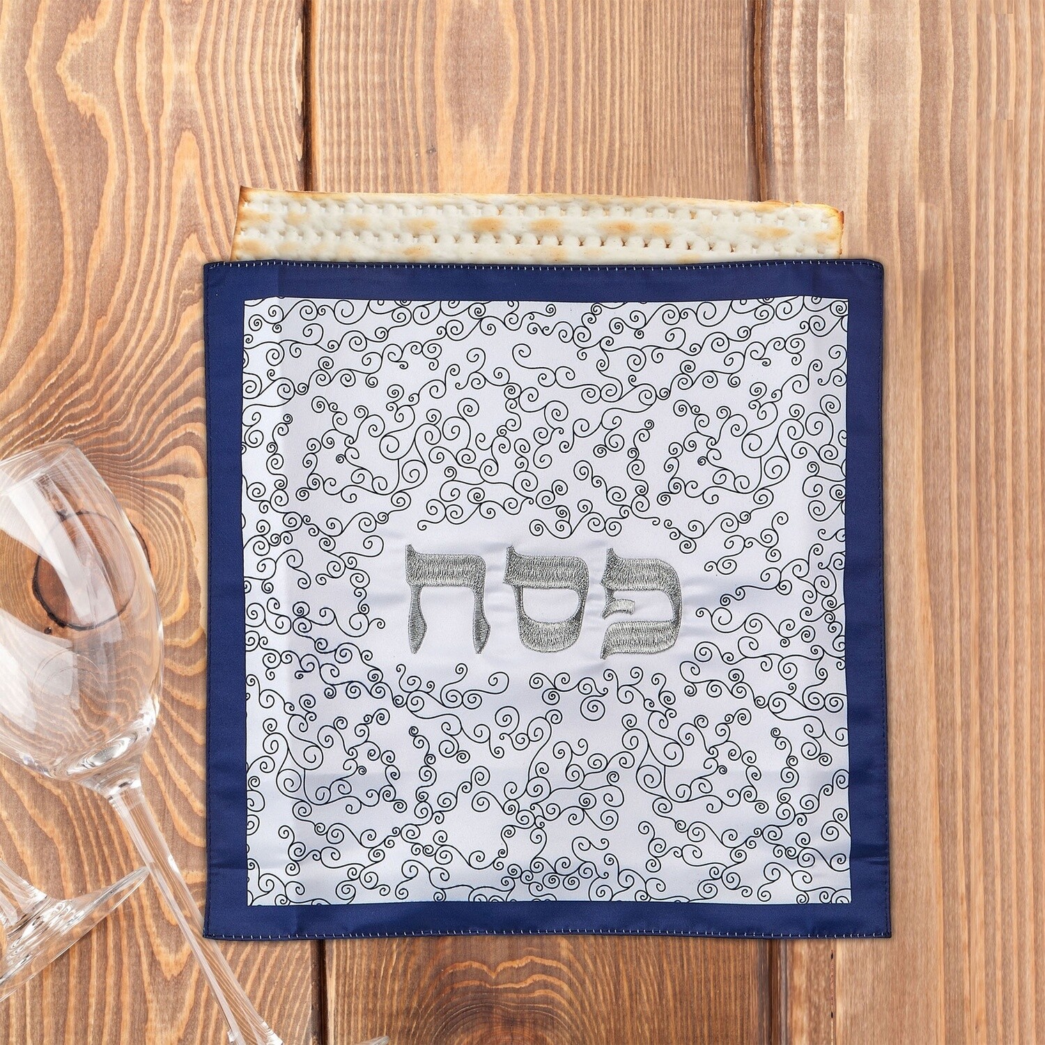 Matzah Cover Embroidered Blue Curlicues