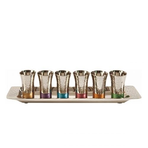 Kiddush Cups  &amp; Tray Hammered Multicoloured set
