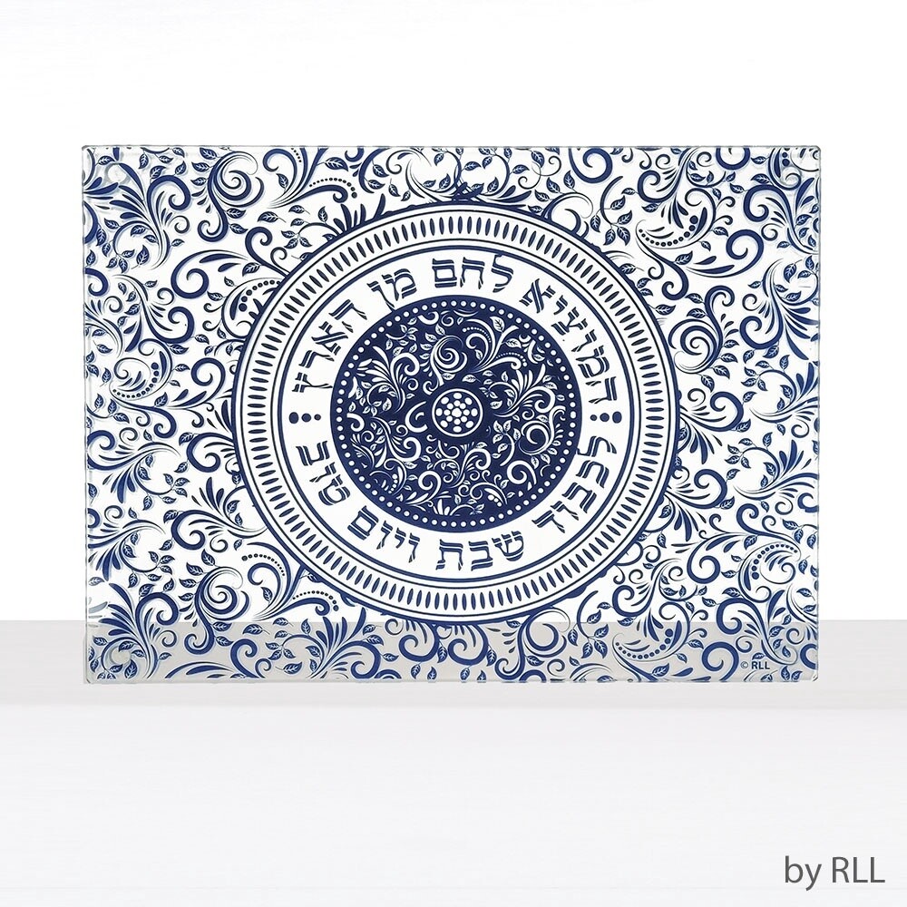 Challah Board Tempered Glass Blue Damask