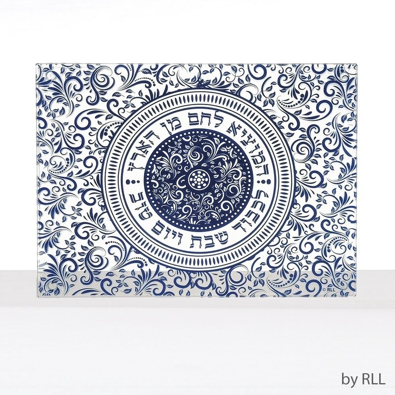 Challah Board Tempered Glass Blue Damask