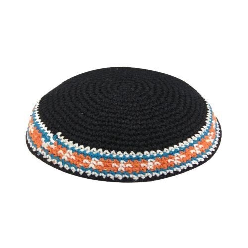 Kippah Knitted Blue with Orange and White Stripes 15cm
