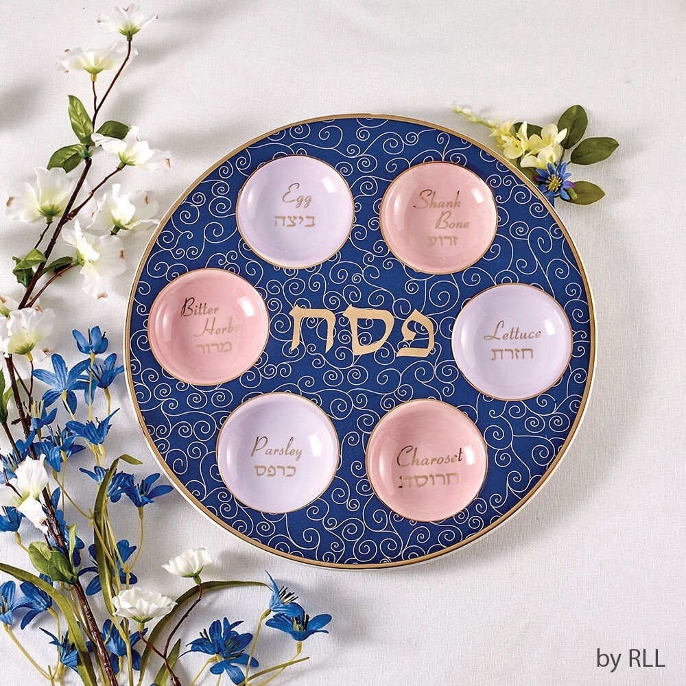 Seder Plate Blue &amp; Pale Pink with White Curlicues Gold Accents