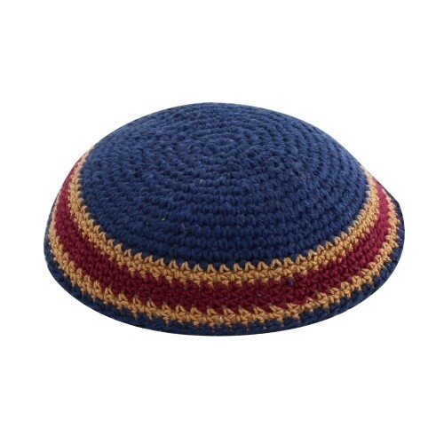 Kippah Knitted Navy with Gold &amp; Red Stripes 15cm