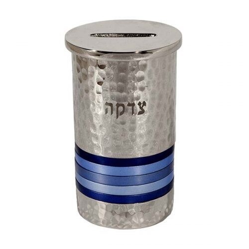 Tzedakah Box Blue Rings Hammered