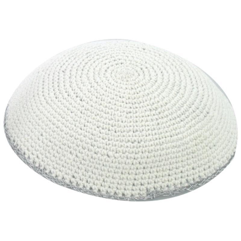 Kippah Knitted White with Silver Edge 17cm