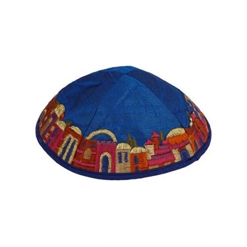 Kippah Embroidered Jerusalem  Blue