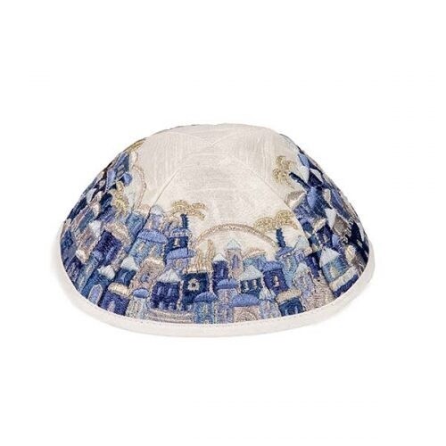 Kippah Embroidered Jerusalem White with Blue
