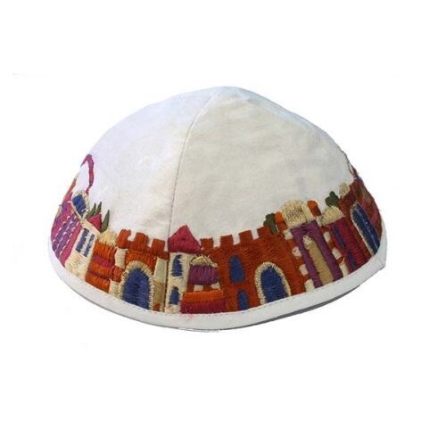 Kippah Embroidered Jerusalem White with Multicolour