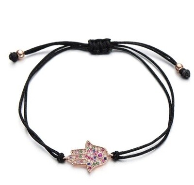 Bracelet Hamsa Rose Gold Coloured Stones on Black Rope