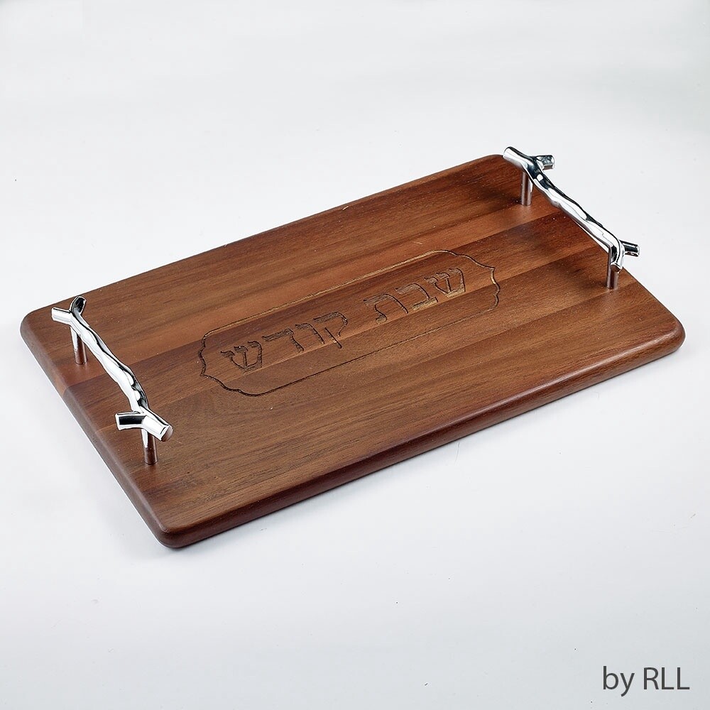 Challah Serving Tray Acacia with Silver Tone Handles