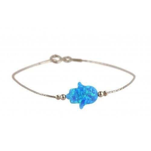 Bracelet Silver &amp; Light Blue Opal Hamsa