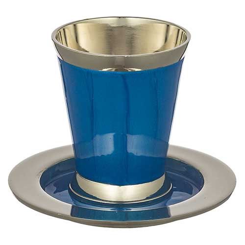 Kiddush Cup Aluminium Blue Enamel with Saucer 9cm