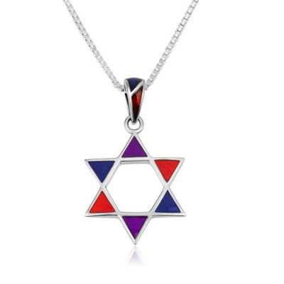 Necklace Magen David Sterling Silver Red &amp; Blue Enamel