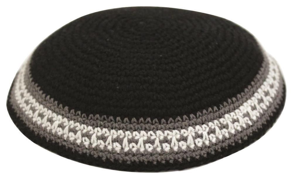 Kippah Black with Grey &amp; White Stripes