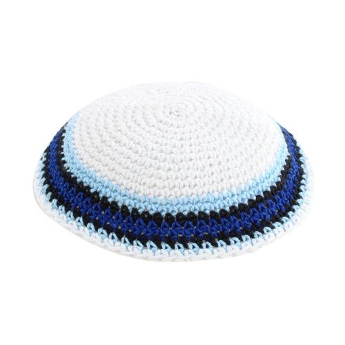 Kippah White with Blue Stripes 16cm
