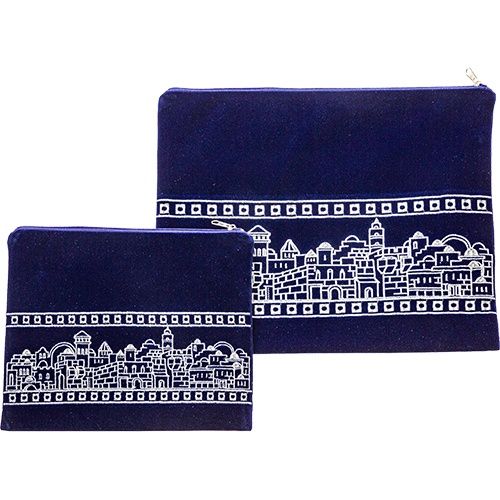 Tallis &amp; Tefillin Set Velvet Blue with Silver Embroidery