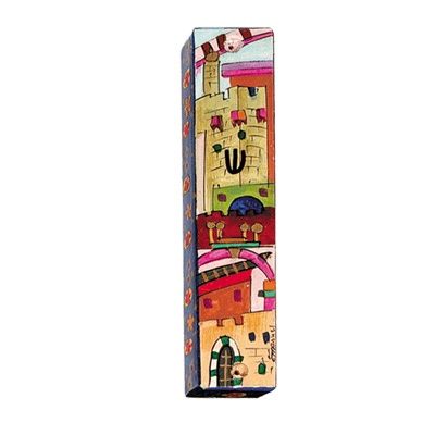 Mezuzah Wooden Hand Painted Jerusalem 10 cm