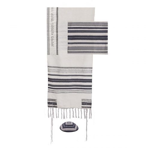 Tallis, Tallis Bag and Kippah, Hand Woven + Atara with Blessing Grey 52cm