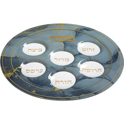 Seder Plate Glass Marble Design Blue &amp; Gold