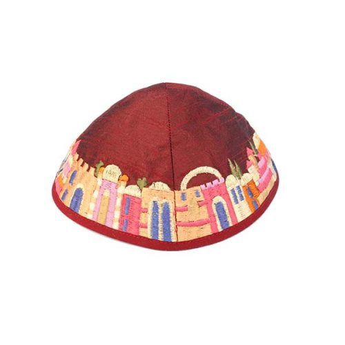 Kippah Emboidered Maroon Jerusalem