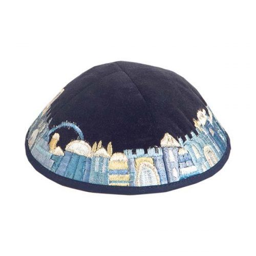 Kippah Velvet Embroidered Jerusalem Blue