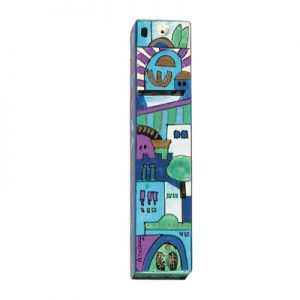 Mezuzah Wooden Hand  Painted Jerusalem Blue